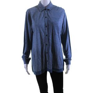 Jennifer T Womens Ilana Geometric Printed Knit Button Up Shirt Blouse Blue XL
